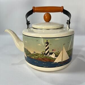 Vintage Warren Kimble Kamenstein Lighthouse Tea Kettle Enamel Nautical Sailboat
